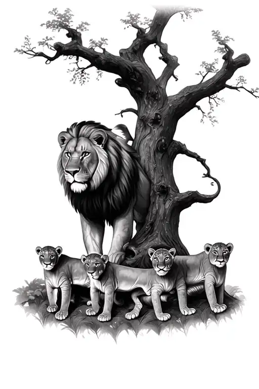 lion family tree 2 big lions and man and women with the 3 baby cub lions  tattoo design idea