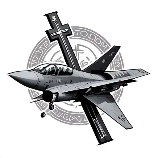 god and a cross then a fighter jet plane then a signature tattoo design idea