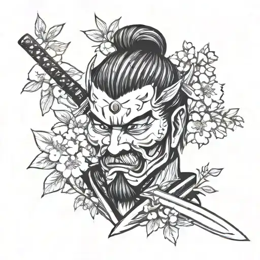 samurai face with sword behind sakura leaves tattoo design idea