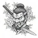samurai face with sword behind sakura leaves tattoo design idea