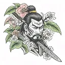 samurai face with sword behind sakura leaves tattoo design idea