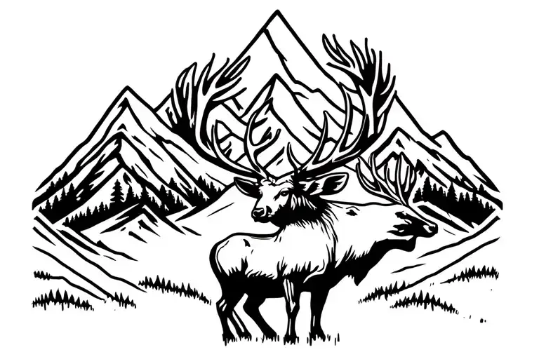 bull elk with three spike elk and mountain background tattoo design idea