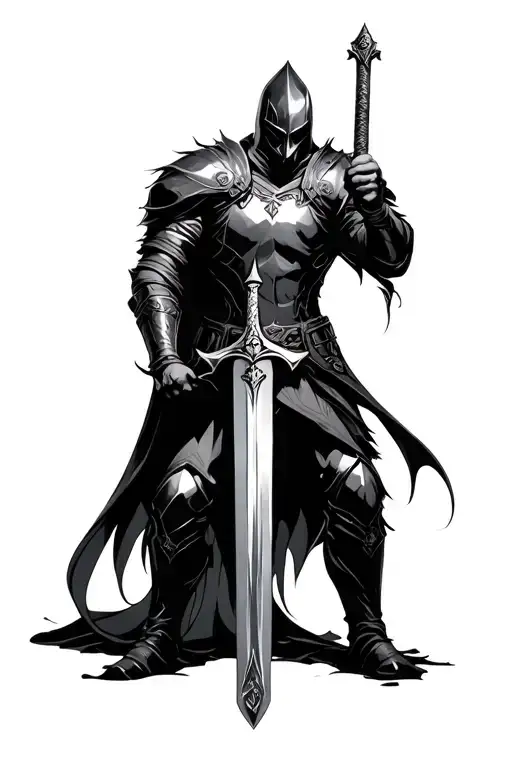 dark fantasy knight holding a sword tattoo design idea