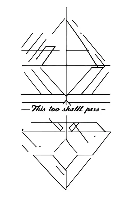 Geometric jagua tattoo with triangles, lines, and ‘This too shall pass’ hidden in bold minimal script, upper arm  tattoo design idea