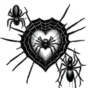 heart spider web with a spider going down on a finger with the vemon on top the the web tattoo design idea