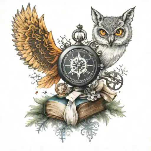 fox owl books compass snowflake tattoo design idea