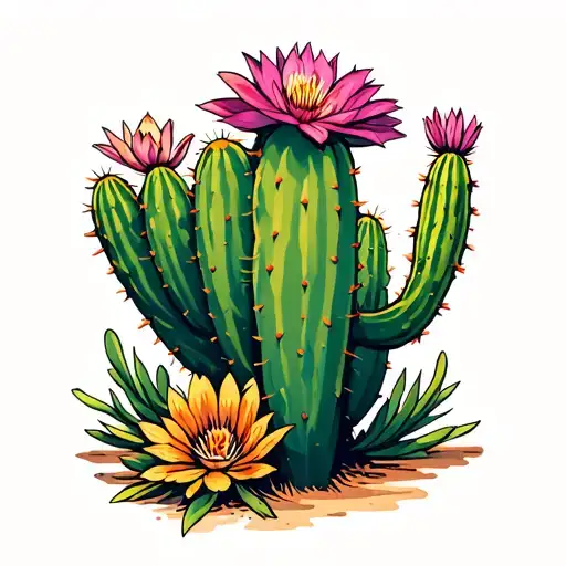 cactus flower coyote cactus Ren arizona desert scene tattoo design idea