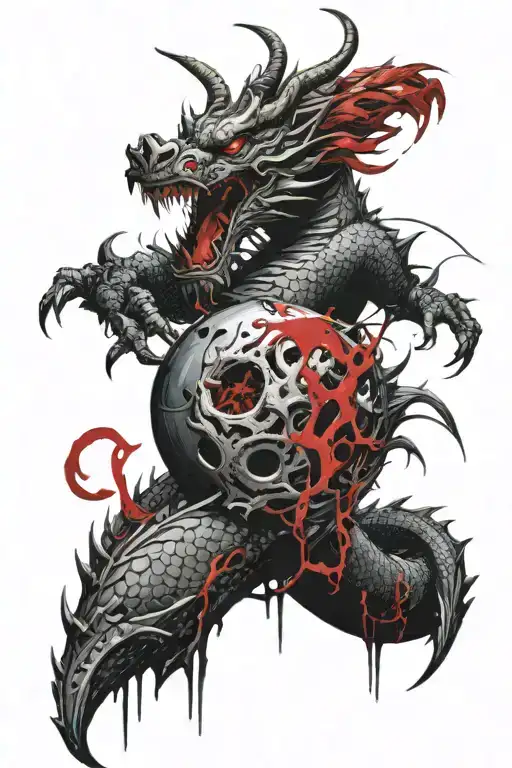 ice themed chinese dragon holding a knights bloodied helmet tattoo design idea