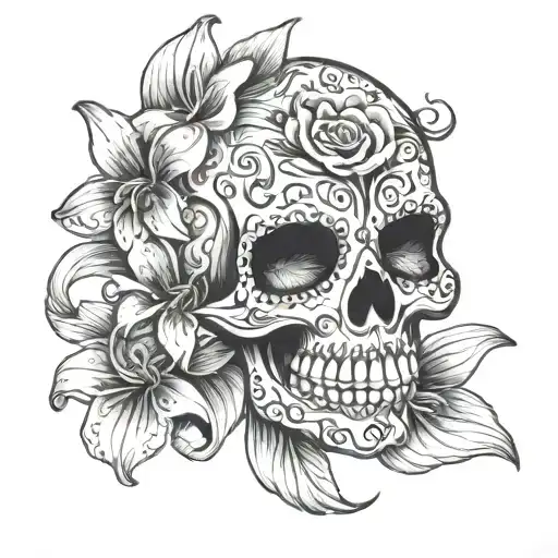 Sugar Skull with Lilly flower tattoo design idea