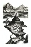 Draw a hindu trishul coming down from mount kailash surrounded by nature and an om symbol on the bottom. tattoo design idea