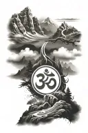 Draw a hindu trishul coming down from mount kailash surrounded by nature and an om symbol on the bottom. tattoo design idea