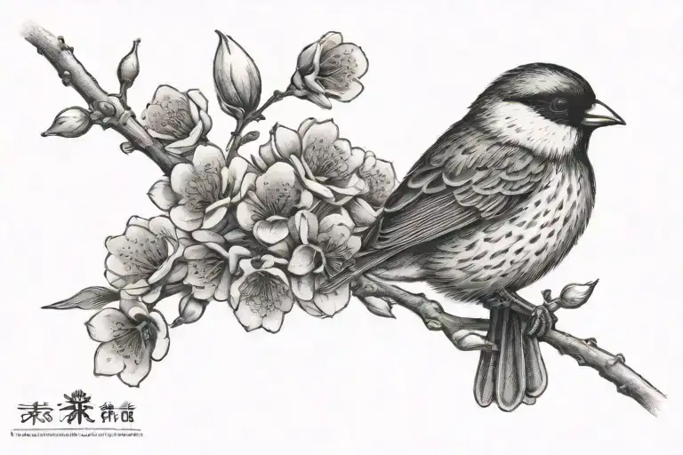 plum blossom and kamon sparrow ink tattoo design idea