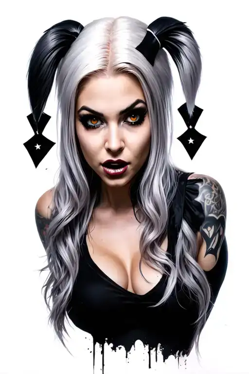 Alexa bliss type of girl with Harley Quinn hair. looking forward menacingly. black and grey with brown eyes tattoo design idea