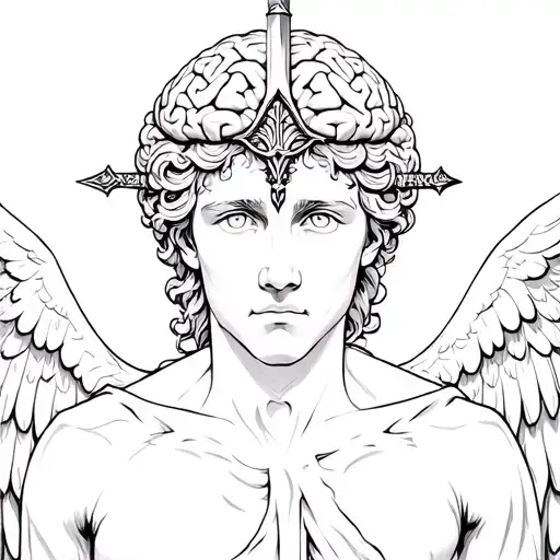 Biblically accurate Angel, parted at the top, with a brain above it, and a sword piercing through the brain tattoo design idea