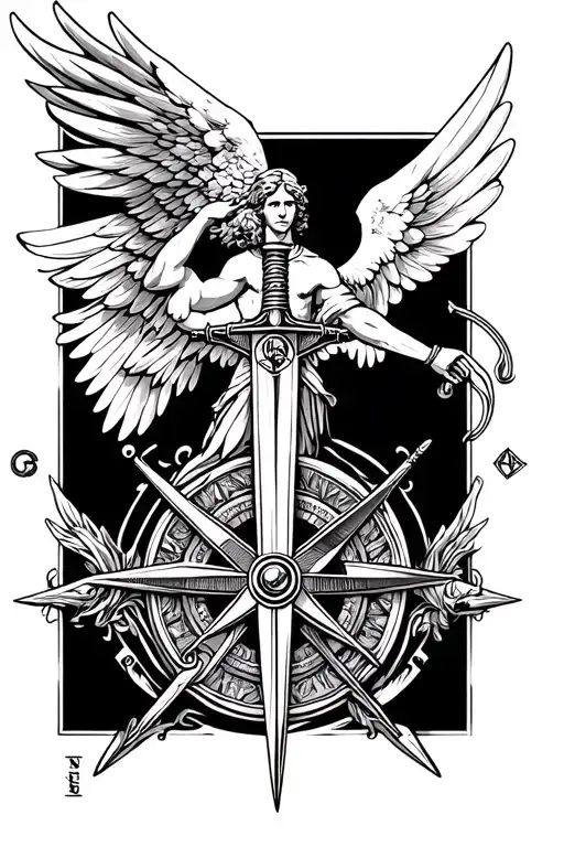 arch angel michael with sword and compass rose with intricate details tattoo design idea