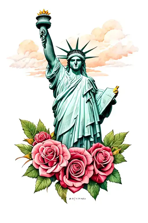 bald eagle and roses and statue of liberty tattoo design idea