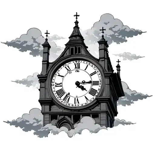 clock tower with clouds  tattoo design idea