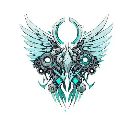 A new-school design of futuristic wings made of gears and metals, with a vibrant blue and green color scheme tattoo design idea