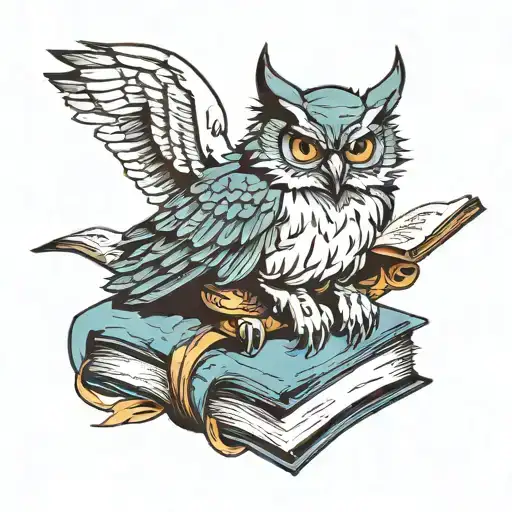 wolf owl perched on top book open tattoo design idea