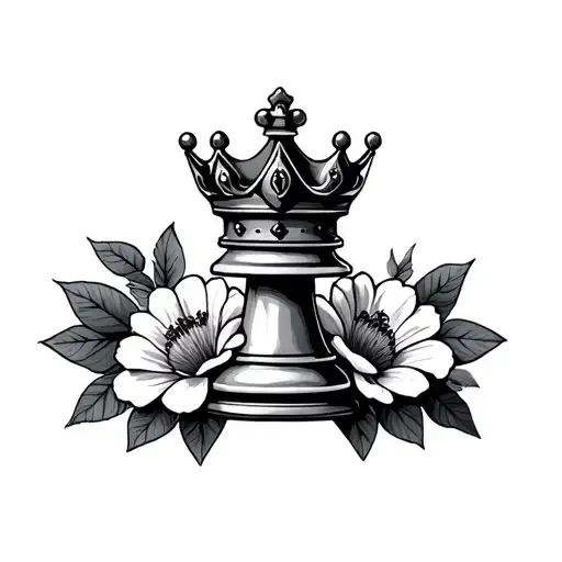 king chess piece with crown surrounded by bold flowers tattoo design idea