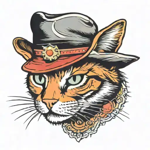 cat with bloodshot eyes and cowboy hat tattoo design idea