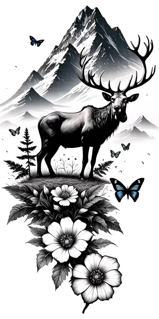 a mountain range with butterflies and and elk standing proud in the corner with flower at the bottom  tattoo design idea