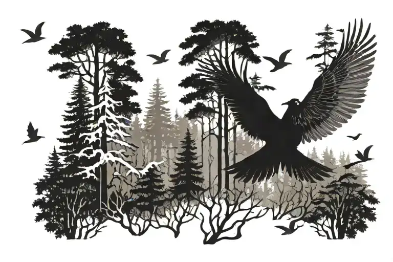 forest with birds flying together tattoo design idea