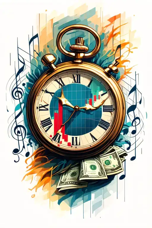 A unique tattoo featuring a timepiece morphing into a stock market chart, with musical notes forming the background, symbolizing the interconnectedness of time, money, and music tattoo design idea