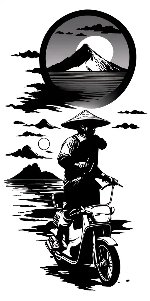 minimalist tattoo circle with Fuji, Angkor, one men on a scooter with Vietnamese hat, the sea, sun and clouds, turtle tattoo design idea