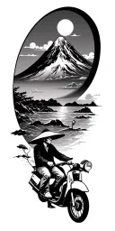 minimalist tattoo circle with Fuji, Angkor, one men on a scooter with Vietnamese hat, the sea, sun and clouds, turtle tattoo design idea