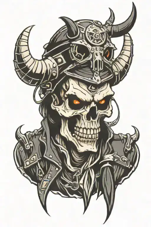 biker skull with devil horns on his helmet  tattoo design idea