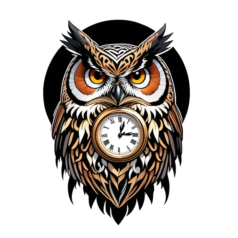 Fierce Owl with clock on shoulder tribal design inspired tattoo design idea