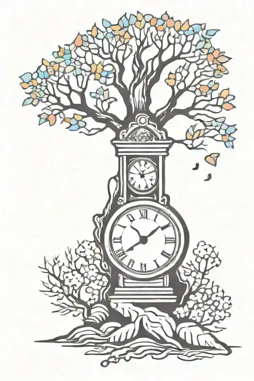 Colorful tree with timepiece and grave stone tattoo design idea