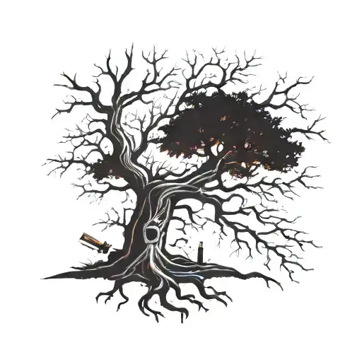 A majestic tree with intricate branches and leaves intertwined with various tools of the trade like chainsaws and ropes tattoo design idea