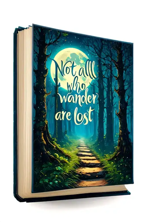 "Not all who wander are lost" open book to a path leading through a forest dark romance moon night tattoo design idea