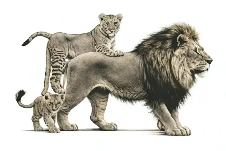 A lion and a cub standing together, symbolizing the strength and courage of a father and son bond tattoo design idea