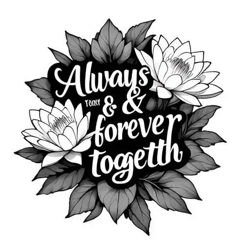 "Always & forever better togeth" water lilly flowers and quote tattoo design idea