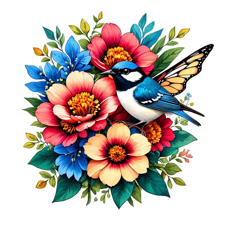 fairy wren bird Australian flower bouquet tattoo design idea