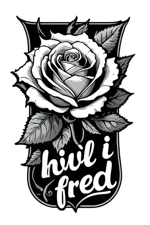 a medium big rose with text under saying "hvil i fred" tattoo design idea