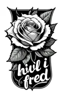 a medium big rose with text under saying "hvil i fred" tattoo design idea