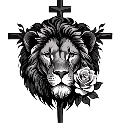lion head, roses, christian cross tattoo tattoo design idea
