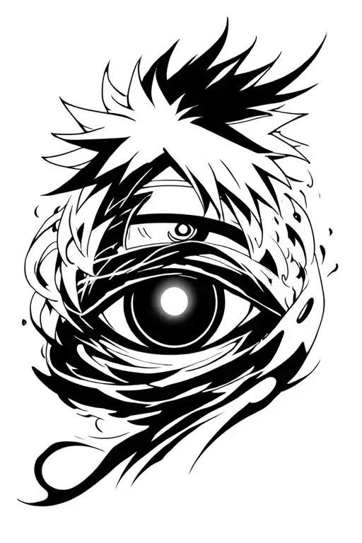 Anime tattoo sleeve design featuring Kakashi Hatake with his Sharingan eye glowing, surrounded by swirling chakra energy tattoo design idea