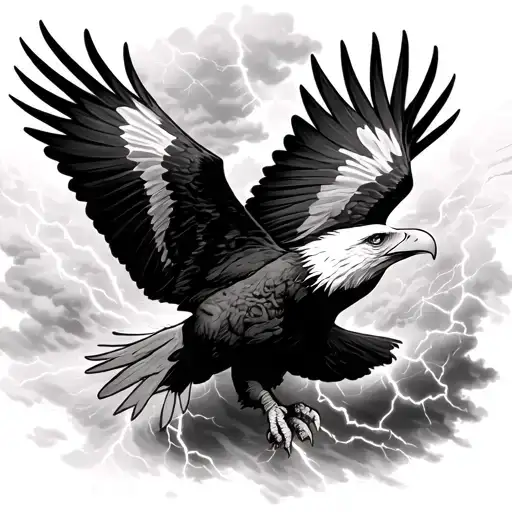 Can you make an image of a bald eagle flying through a cloudy lightning storm with LASER BEAMS coming from his eyes tattoo design idea