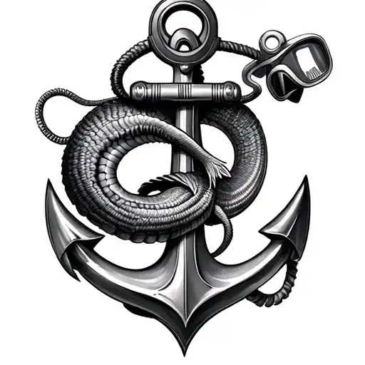 Generate a realistic tattoo of a three-dimensional anchor with a moray eel wrapped around it and a diver’s mask with the tattoo design idea