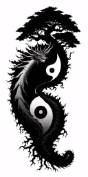 A tree that is rooted on a yin yang and a dragon that wraps around the arbr tattoo design idea