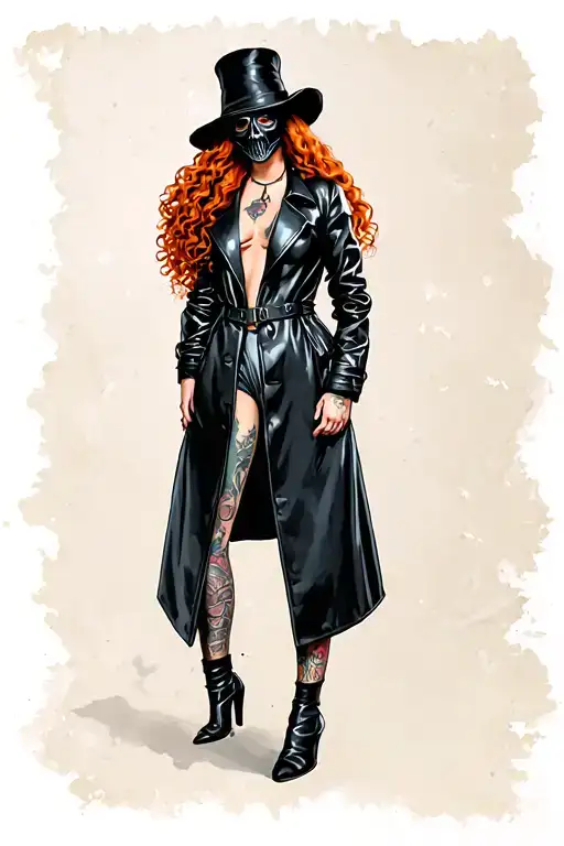 Full body Pin-up girl wearing plague doctor mask and black leather trench coat with long curly red hair tattoo design idea