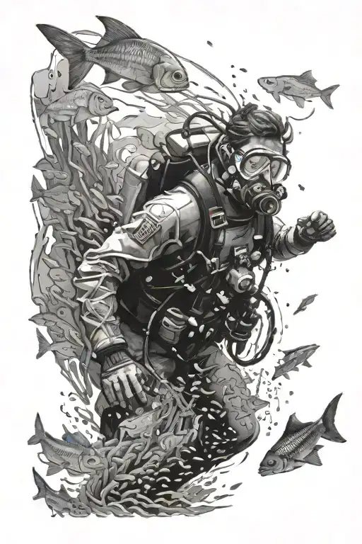 A realistic black and grey portrait of a diver exploring the depths of the sea, with a school of fish swimming in the background tattoo design idea