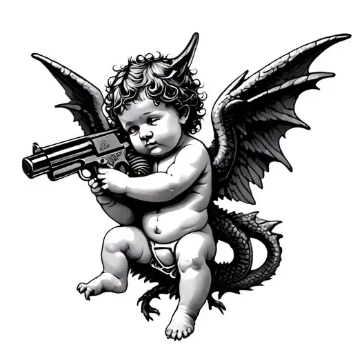cupid baby holding a draco gun tattoo design idea