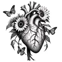 Anatomical heart with sunflowers and leaves and butterflies emerging from the veins tattoo design idea