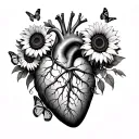Anatomical heart with sunflowers and leaves and butterflies emerging from the veins tattoo design idea